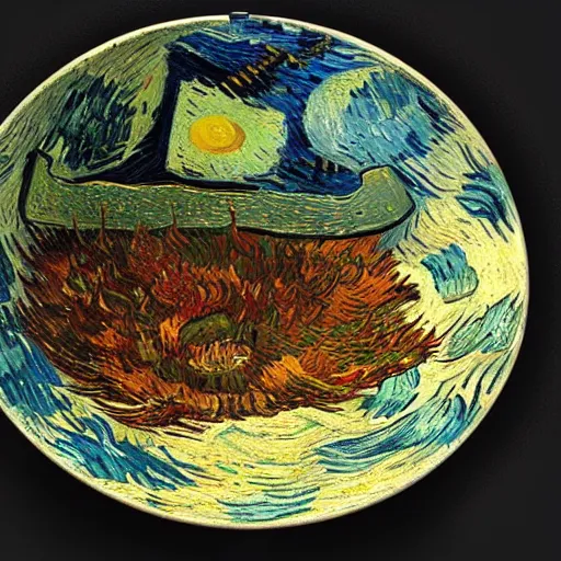 Image similar to vincent van gogh [ within bowl ]!!! resting on table, trending on artstation, cgsociety, [ overhead view ]!!, 4 k quality, intricately defined, professional photography, complexly detailed, polycount