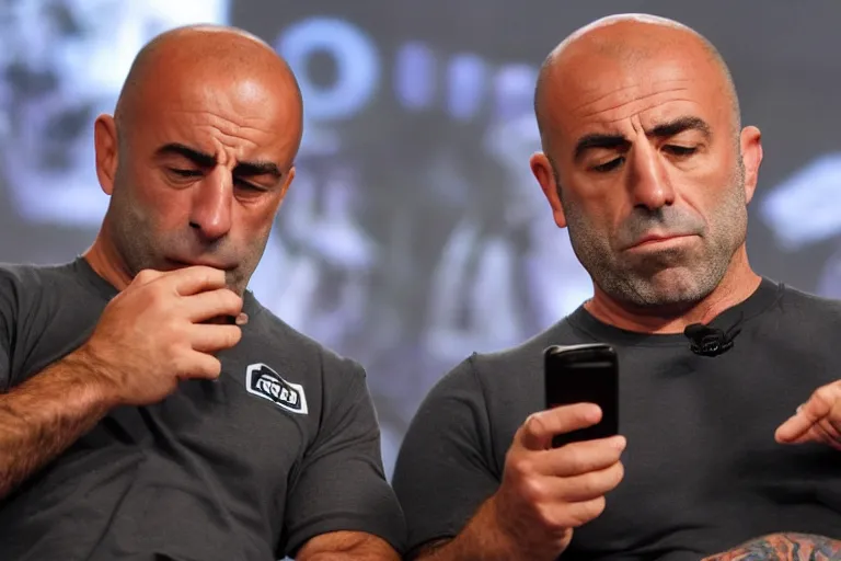 Prompt: joe rogan checking his phone, nervous