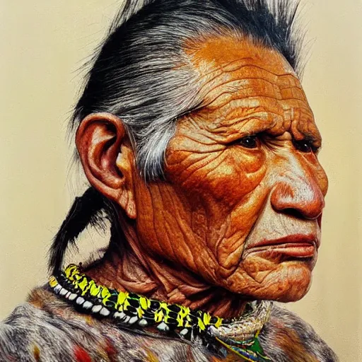 Image similar to high quality high detail painting by lucian freud, hd, side view portrait of a indigenous tribe leader, photorealistic lighting