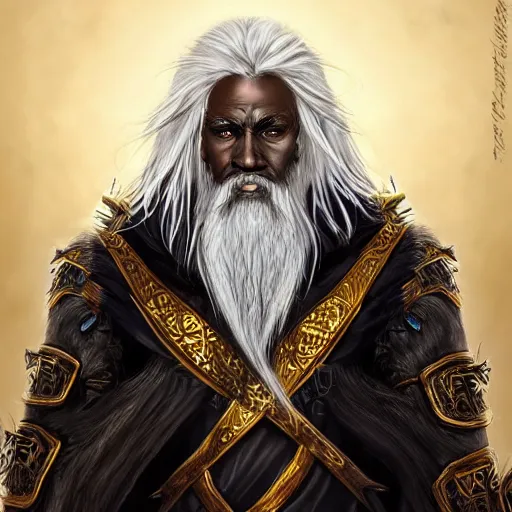 Prompt: black african elder old grizzled odin god with white hair with a godly fade and weathered golden armor, epic fantasy art portrait realistic artstation illustration concept art