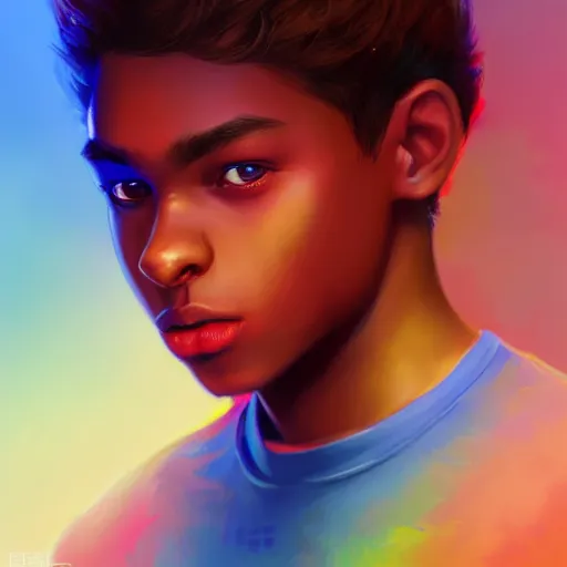 Image similar to colorful and festive captivating teenager with straight brown hair covering his eye, dark skin, big lips, big eyes, wearing a red t - shirt. rich vivid colors, ambient lighting, dynamic lighting, 4 k, atmospheric lighting, painted, intricate, highly detailed by charlie bowater