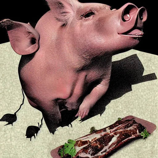 Prompt: A pig eating pork ribs, digital art