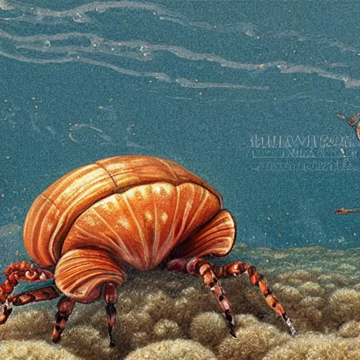 Prompt: maximalist elaborate photorealistic! small hermitcrab paguroidea on the ocean ground. seen from the distance. with a lot of little details. childrenbook scientific illustration in soft natural tones. hd hyperdetailed octane. matte paper background. in the style of ulriko - e and botticelli and national geographic and ernst haekel and daniel martin diaz