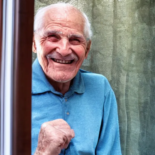 Prompt: an smiling old man seen through a small window