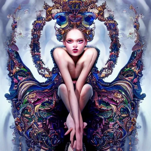 Image similar to a masterpiece hyper detailed portrait of a beautiful evil girl - cyborg baroque renaissance. rainbow color scheme. medium shot, intricate, elegant, highly detailed, by stanley artgerm lau, wlop, rossdraws, james jean, andrei riabovitchev, marc simonetti, background by james jean and gustav klimt, light by julie bell, porcelain skin.