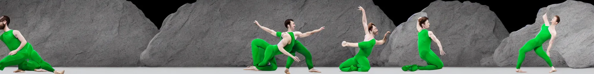 Prompt: ensemble of sisyphus in green-screen suits pushing a boulder through an empty space, white background, ballet performance photography