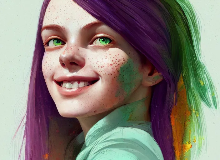 Prompt: portrait of a beautiful smiling girl with orange hair and freckles, green eyes, highly detailed, digital painting, concept art, smooth, sharp, focus, background is purple, artstation, style by Bo Feng Lin
