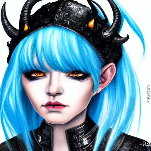 Image similar to illustrated realistic portrait female ram-horned kobold blue hair with black evil devil eyes wearing strap leather armor by rossdraws