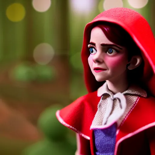 Image similar to a cinematic film still of a claymation stop motion film starring emma watson as little red riding hood, looking at realistic wolf, shallow depth of field, 8 0 mm, f 1. 8
