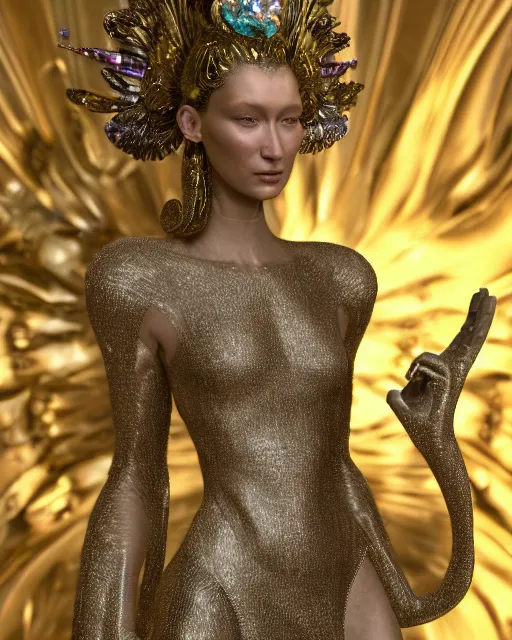 Image similar to a highly detailed metahuman 4 k close up render of an alien goddess bella hadid monument crying in iris van herpen dress schiaparelli in diamonds crystals swarovski and jewelry iridescent in style of alphonse mucha gustav klimt trending on artstation made in unreal engine 4