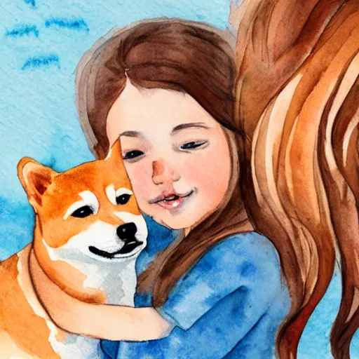 Image similar to a watercolor illustration of a girl with light brown hair, hazel eyes and freckles accompanied by a shiba inu