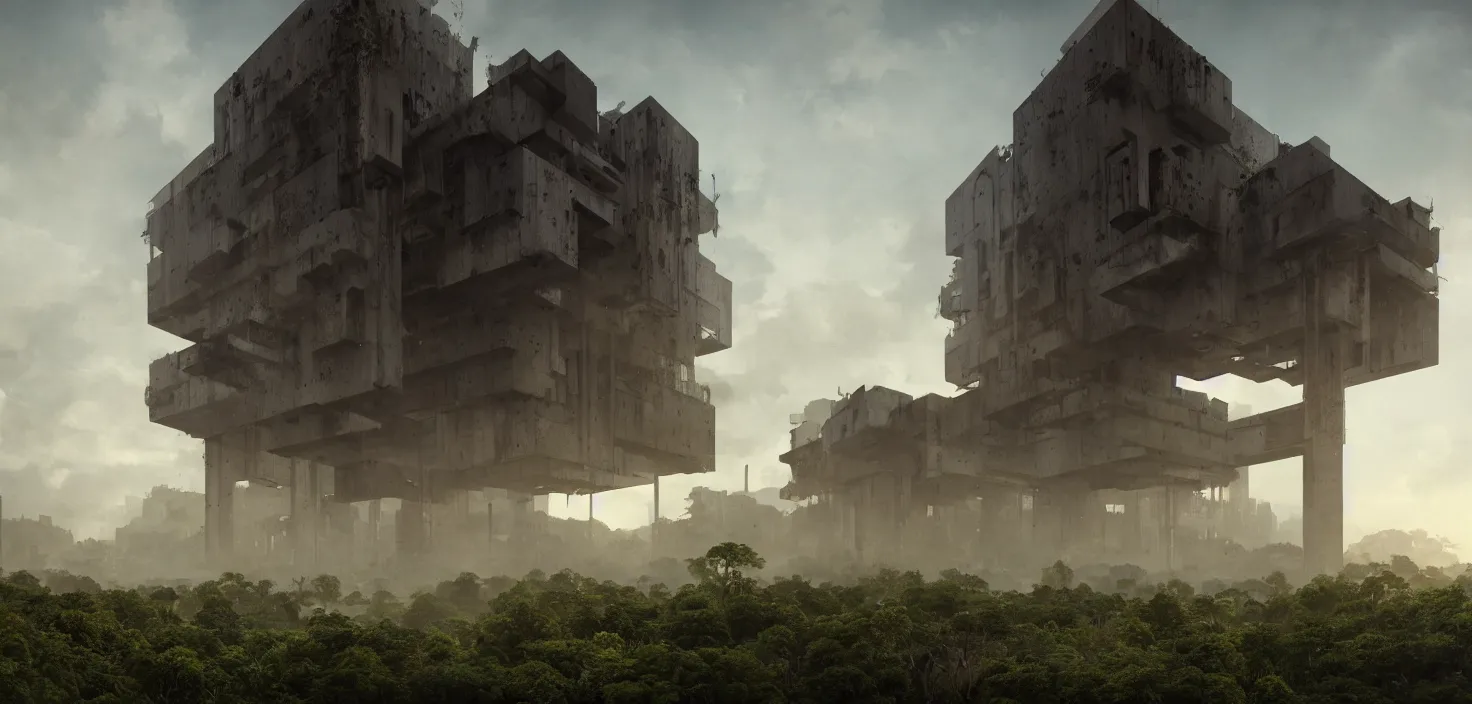 Image similar to brutalist architecture, surrounded by lush green vegetation, stunning volumetric lighting, sunset, rusted metal, concrete, stunning skies, 8k, photorealistic, hyper detailed, unreal engine 5, IMAX quality, cinematic, epic lighting, digital painting in the style of DOOM, by Greg Rutkowski, trending on Artstation