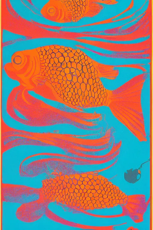 Prompt: goldfish, screen print poster, 1968 psychedelic, san francisco, hippie style