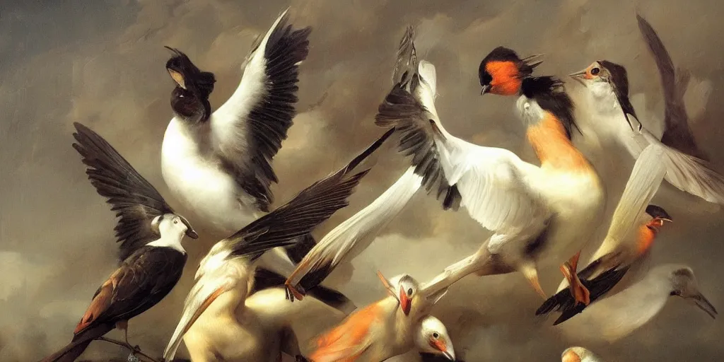 Prompt: highly detailed beautiful oil painting of birds, splash, sharp focus, dramatic, dynamic, lighting, elegant, harmony, beauty, masterpiece, by roberto ferri