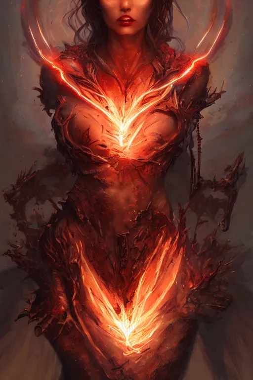 Image similar to torso closeup model wearing exploding fire electricity and blood, sorcerer, diamonds, angel, fantasy, dramatic lighting, highly detailed, digital painting, holding electricity, magic the gathering, hyper detailed, 3 d render, hyper realistic detailed portrait, peter mohrbacher, wlop, ruan jia