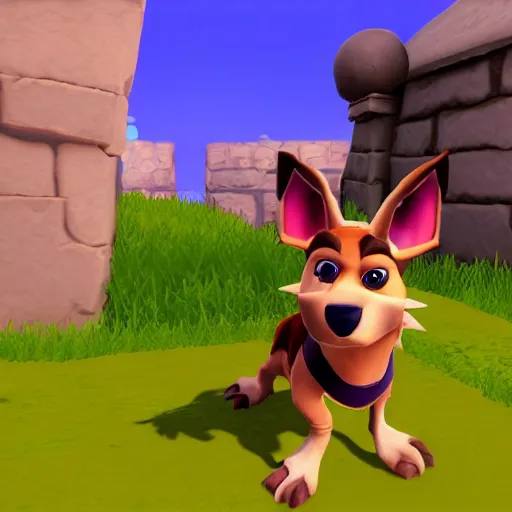 Image similar to screenshot of a cute humanoid dog as an npc in spyro the dragon video game, with playstation 1 graphics, activision blizzard, upscaled to high resolution