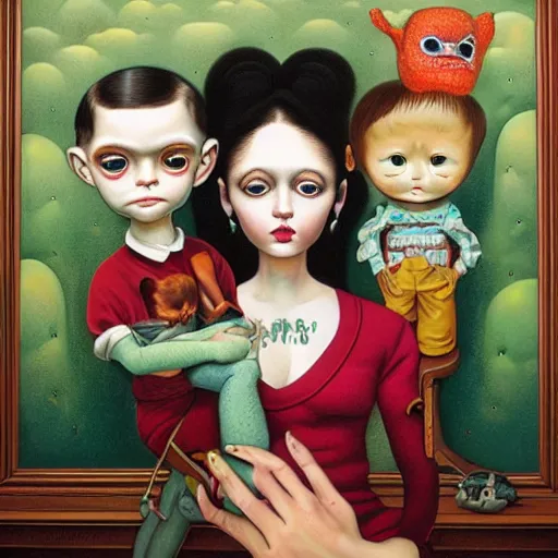 Prompt: a couple and their child portrait, living room wall background, lowbrow art pop surrealism 70's art style, by Mark Ryden and Hikari Shimoda