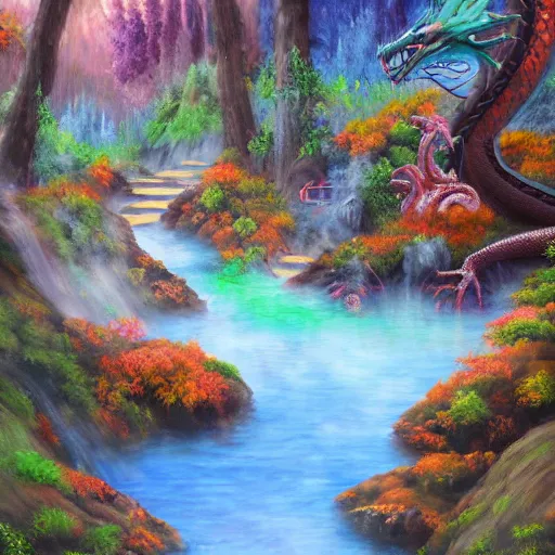 Image similar to highly detailed oil painting of a colorful hotspring with forest backdrop, focus is on a dragon, featured on artstation