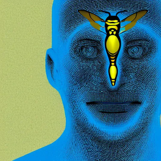 Image similar to human man that resembles a wasp morh in surreal sketch style, blue and yellow gradient, noise, ultrafine detail, hd 8k, logo illustration