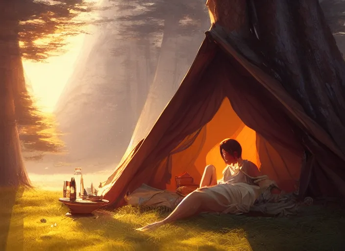 Prompt: full portrait of asian mage traveller resting at her tent. intricate, elegant, highly detailed, digital painting, artstation, concept art, smooth, sharp focus, illustration, by greg rutkowski, 8 k