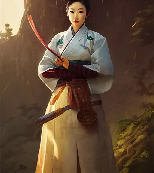 Image similar to a portrait of arden cho chef character in a scenic korean city environment by marco bucci and greg rutkowski and frank frazetta, sharp focus, detailed, cinematic, hanbok, ornate korean polearm behind her