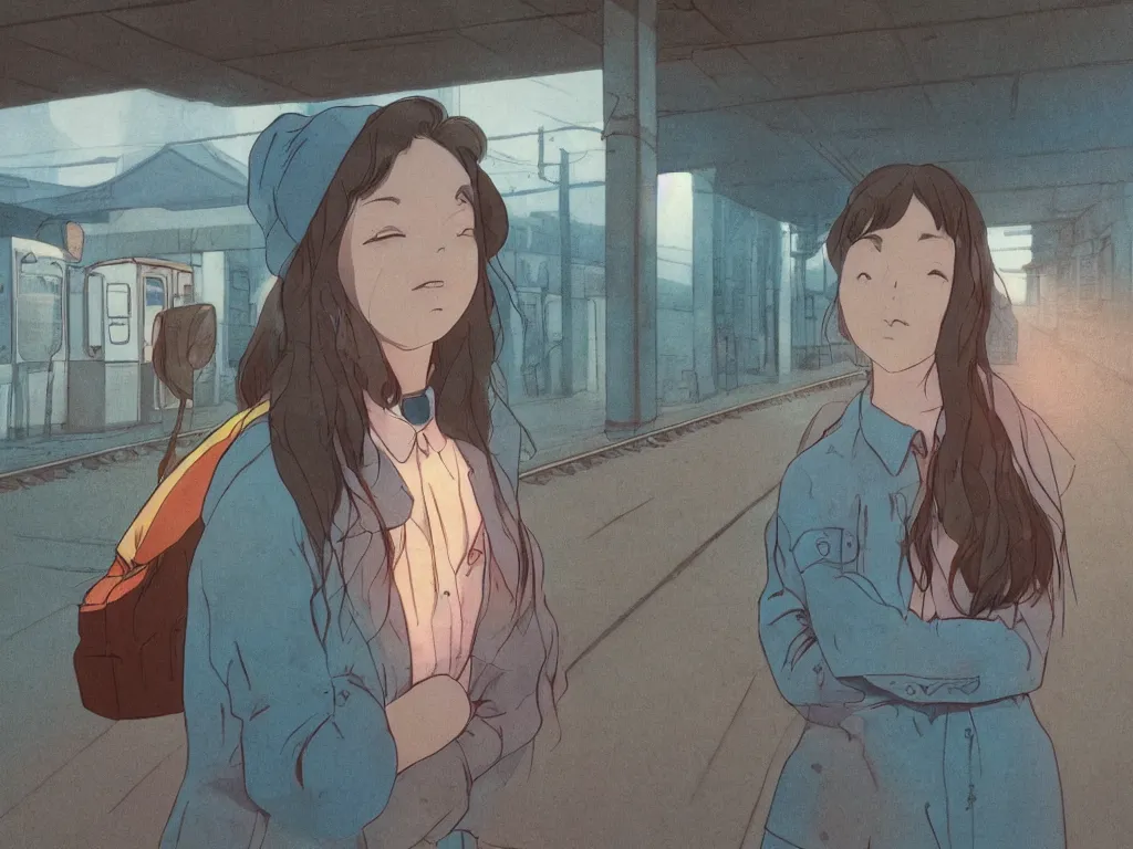 Prompt: close up portrait of a lone girl waiting for the train, 70s, defined facial features, stanley kubrick the shinning, vibrant colors americana, cinematic, volumetric lighting, god rays, sunset, realistic, photorealism, highly detailed, digital art, illustration, screenshot from the anime by studio ghibli