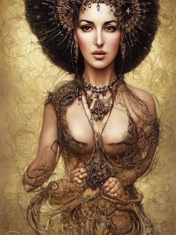 Prompt: a beautiful portrait render of young Monica Bellucci who has baroque dramatic headdress with intricate fractals of stars and tassels made of pearls ,by tom bagshaw and Daveed Benito and Billelis and aaron horkey and peter gric,trending on pinterest,rococo,orientalism,hyperreal,jewelry,gold,rose,maximalist