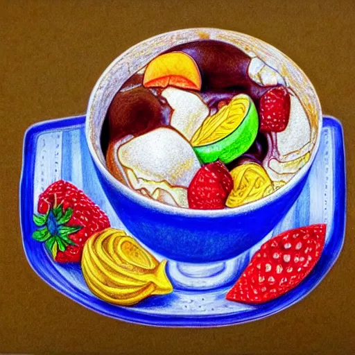 Image similar to Colored pencil art on paper, Ice Cream Fudge Sundae in a bowl with fruit toppings, highly detailed, artstation, MasterPiece, Award-Winning, Caran d'Ache Luminance