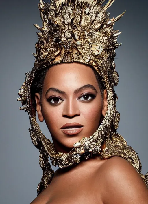 Image similar to photo of beyonce styled by nick knight posing, intricate headpiece, showstudio, face close up, canon, vogue magazine, 2 0 2 0, canon, highly realistic. high resolution. highly detailed. dramatic. 8 k. 4 k.