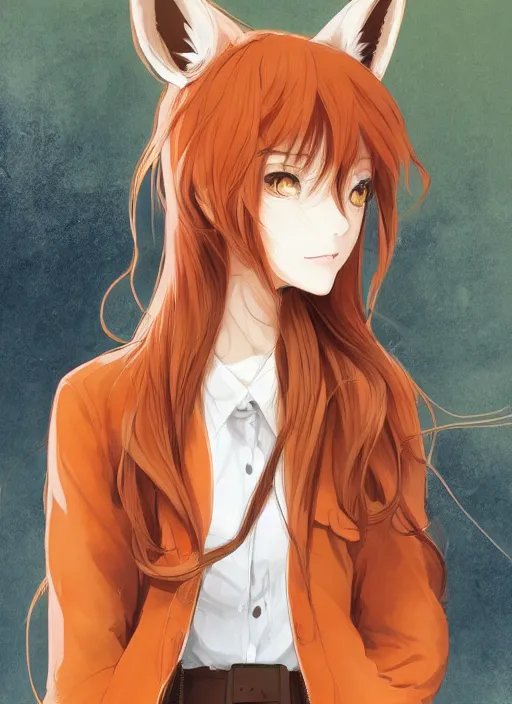 Image similar to girl with fox ears, tired eyes, long wavy orange hair, light brown trenchcoat, forest background, focus on face, pretty, moody lighting, painterly, illustration by shigenori soejima