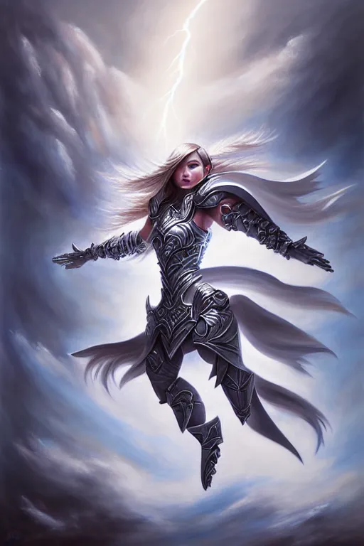 Prompt: oil painting, white, sakimi chan, jumping, fantasy armor, detailed face, tony sart, wind, lightning, dramatic lighting