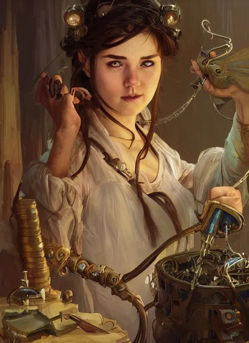 Image similar to an epic fantasy comic book style portrait painting of a young tinker girl working on a device in her workshop, d & d, fantasy, intricate, elegant, highly detailed, digital painting, artstation, concept art, matte, sharp focus, illustration, art by artgerm and greg rutkowski and alphonse mucha