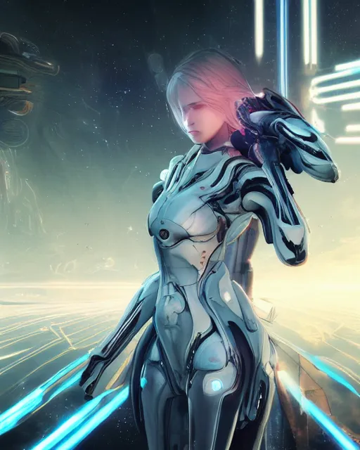 Image similar to photo of a android girl on a mothership, warframe armor, beautiful face, scifi, nebula reflections, futuristic background, dreamy, focused, sparks of light, long white hair, blue cyborg eyes, glowing, 8 k high definition, insanely detailed, intricate, innocent, art by akihiko yoshida, antilous chao, li zixin, woo kim