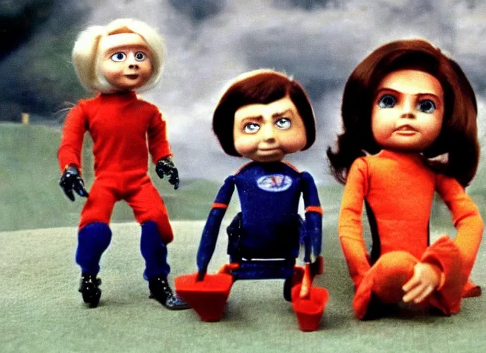 Image similar to a scene from a 1 9 7 0 s british kids tv programme by the bbc and gerry anderson, supermarionation, vhs distortion, folk horror, hauntology