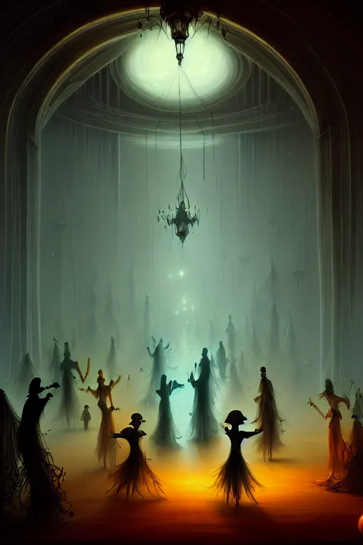 Prompt: ghostly apparitions dancing in the ballroom, halloween, autumn night, 8 k resolution matte fantasy painting, cinematic lighting, deviantart, artstation, jason felix steve argyle tyler jacobson peter mohrbacher