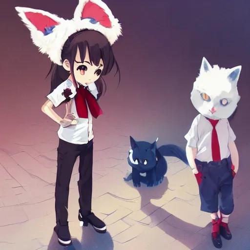 Prompt: anime woman with fluffy cat ears holding a bag of sugar, a little boy wearing white shirt and red tie, digital artwork, in the style of krenz cushart y eddie mendoza and tyler edlin