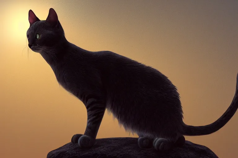Image similar to cat standing on a rock, backlighting, digital art, trending on artstation, fanart, by wayne mclouglin