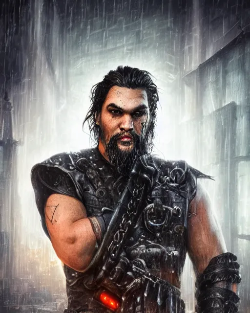 Image similar to An epic fantasy comic book style portrait painting of a very imposing Industrial goth Jason Momoa in the rain, wet hair, neon reflections, character design by Mark Ryden and Pixar and Hayao Miyazaki, unreal 5, DAZ, hyperrealistic, octane render, cosplay, RPG portrait, dynamic lighting, intricate detail, cinematic