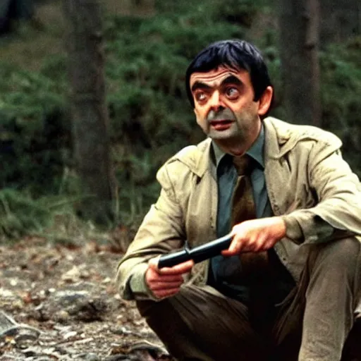 Image similar to A still of Mr Bean in Rambo First Blood