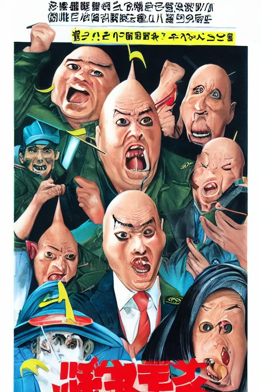 Image similar to coneheads, japanese vhs cover art, detailed facial expressions