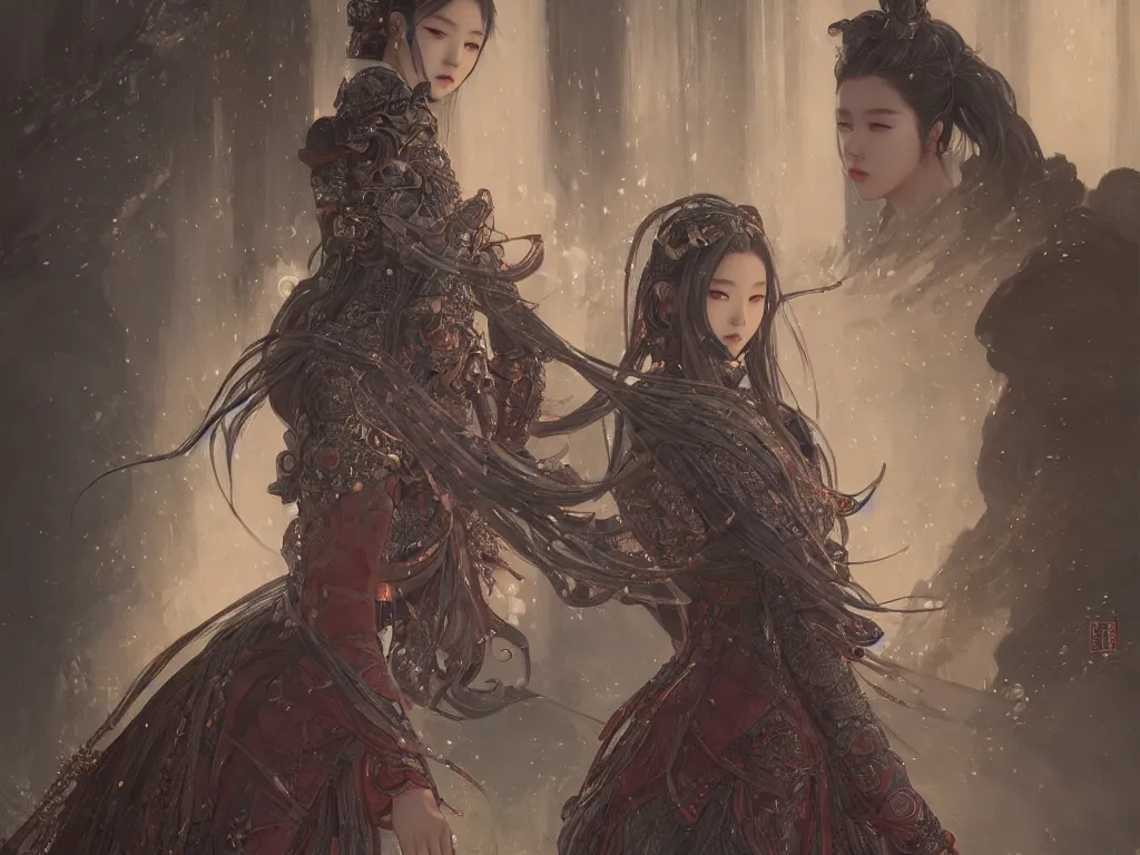 Image similar to portrait jisoo blackpink, grey hair armored samurai clothes, in fire japanese temple wet night, ssci - fi and fantasy, intricate and very very beautiful and elegant, highly detailed, digital painting, artstation, concept art, smooth and sharp focus, illustration, art by tian zi and wlop and alphonse mucha