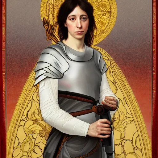 Image similar to portrait of charlotte gainsbourg as joan of arc, hyperreal digital painting, iconography influenced by alphonse mucha and eugene delacroix, arstation and deviantart trends, high resolution 8 k