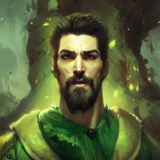 Image similar to well - groomed green - skinned bard, goatee, bald, thoughtful expression, gong, fantasy character portrait by greg rutkowski, gaston bussiere, craig mullins