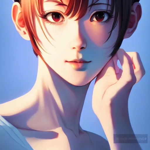 Image similar to youth sean young very slightly smiling, occlusion shadow, specular reflection, rim light, unreal engine, range murata, artstation, pinterest, art by hiroaki samura and ilya kuvshinov and rossdraws, intricate, highly detailed 8 k, art deco illustration, extremely beautiful shape of face, neck, shoulders eyes