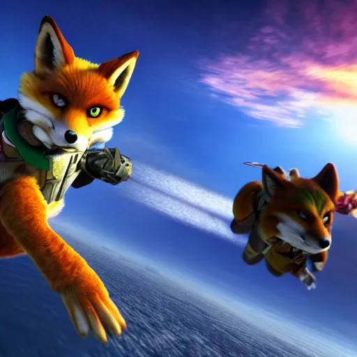 Image similar to high quality photo of star fox, fox mccloud, looking out at the ocean at sunset realism 8k award winning photo