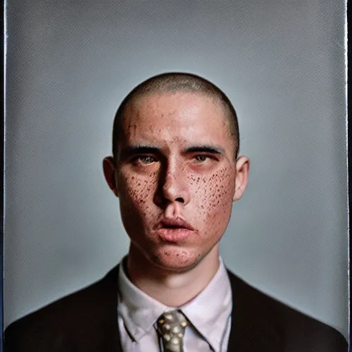 Image similar to a professional polaroid portrait fine art photo in the style of gilbert and george of a young adult man with an asymmetrical face with his eyes closed. the man has black hair, light freckled skin and a look of confusion on his face. extremely high fidelity. key light. in the style of gilbert & george.