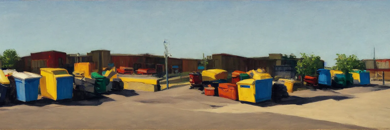 Prompt: Dumpsters by the parking lot behind a Walmart in a North American suburban strip mall by Edward Hopper