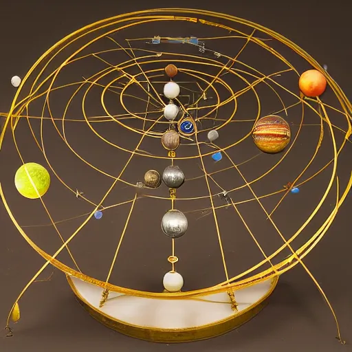 Image similar to a kinetic sculpture of this solar system, sun, mercury, venus, earth, mars, jupiter, saturn, uranus, neptune, pluto, orrery, canon 5 d 5 0 mm lens, papier - mache, studio, circa 1 8 9 5