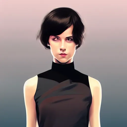 Image similar to young british special ops female in black tuxedo, muted colors, matte print, pastel colors, 2d, ultra highly detailed, smooth, sharp focus, digital art, digital painting, fan art, elegant, artstation, head is centered, by Ilya Kuvshinov