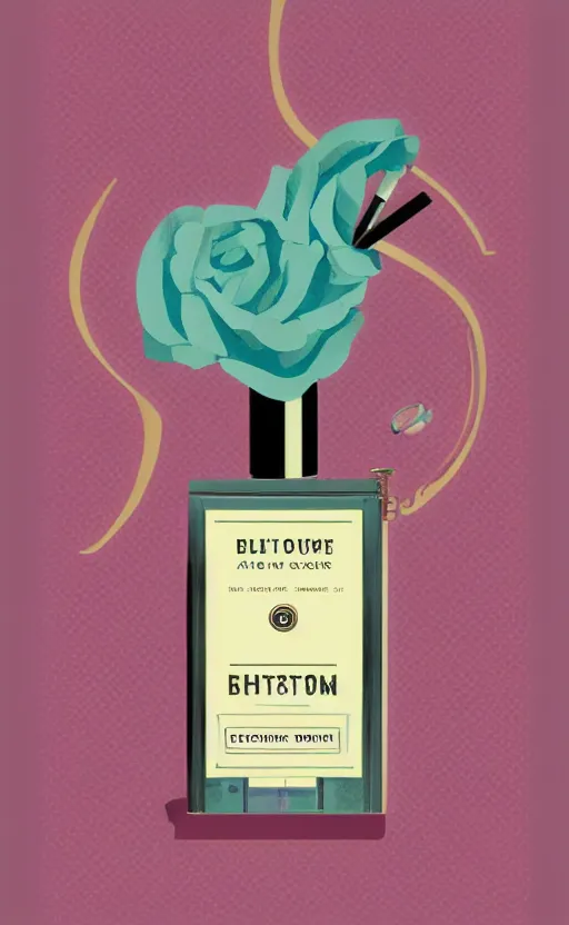 Image similar to illustration, close - up photo with beautiful bottle of perfume near nose, sniffing the aroma, an art deco painting by tom whalen, digital illustration, storybook illustration, grainy texture, flat shading, vector art, airbrush, pastel, watercolor, poster